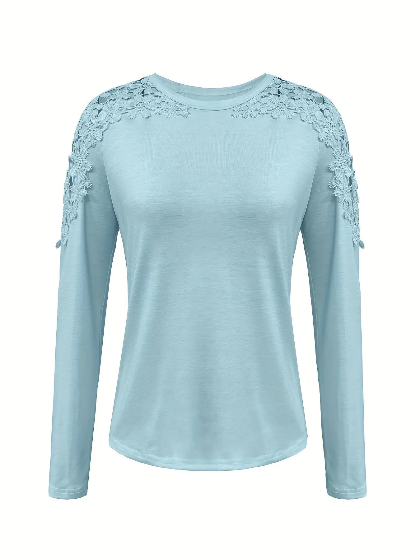 Women's Round Neck Solid Color Hollow Lace Stitching Long Sleeved T Shirt MyFave Boutique