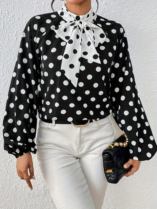 Polka Dot Print Tie Neck Blouse, Elegant Lantern Sleeve Top For Spring & Fall, Women's Clothing MyFave Boutique