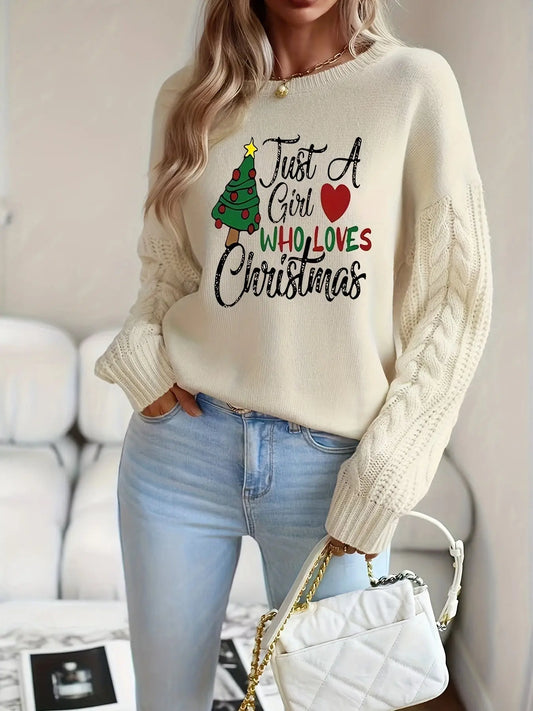 Cozy Chic Cable Knit Sweater for Women - Soft, Long Sleeve, Round Neck Pullover with Festive Christmas & Letter Prints, Perfect for Fall and Winter Season, Casual Daily Wear, Holiday Gift Idea MyFave Boutique