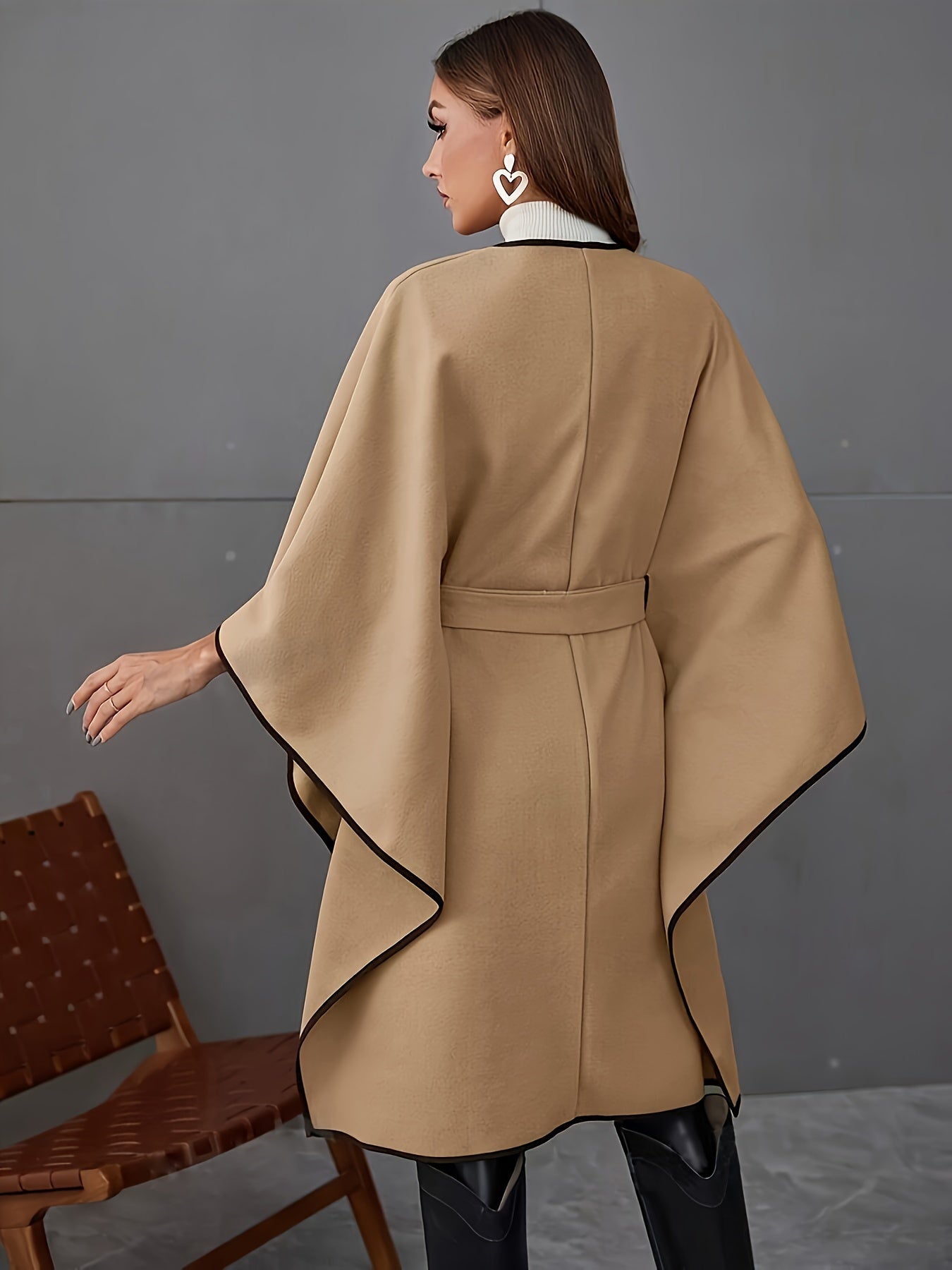 Contrast Trim Wrap Belted Lapel Coat, Elegant Long Batwing Sleeve Dual Pockets Longline Coat For Fall & Winter, Women's Clothing MyFave Boutique