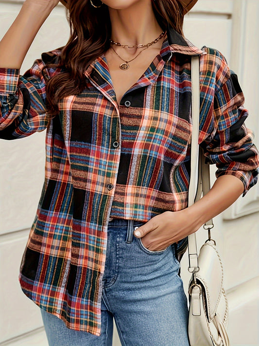 Plaid Print Lapel Neck Blouse, Casual Button Front Long Sleeve Blouse For Spring & Fall, Women's Clothing MyFave Boutique