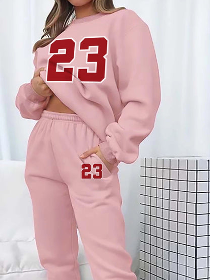 Twenty-three Print Fleece Two-piece Set, Casual Long Sleeve Sweatshirt & Jogger Sweatpants Outfits, Women's Clothing MyFave Boutique