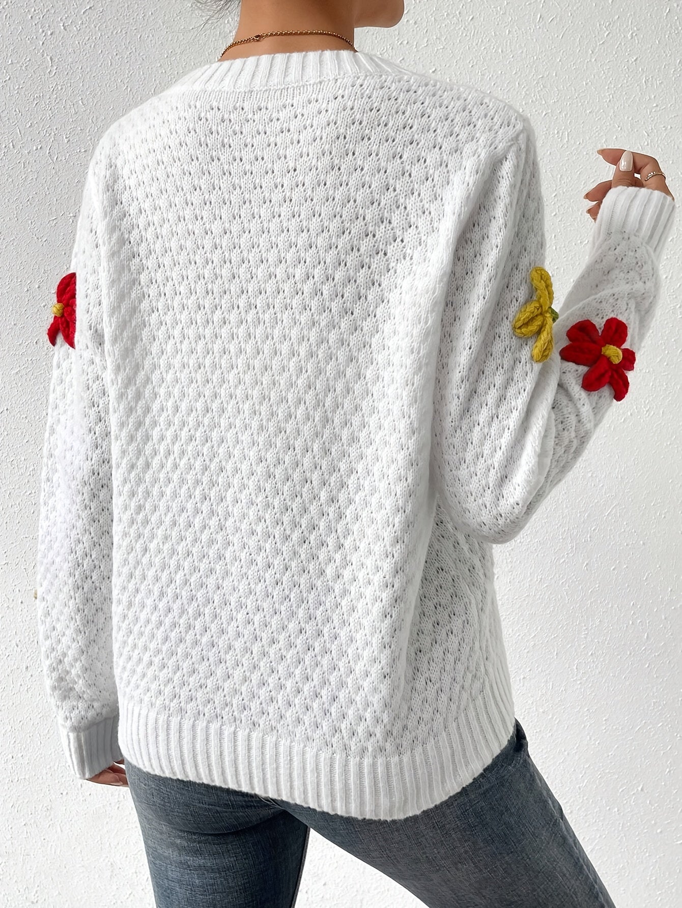 Floral Design Crew Neck Knitted Sweater, Casual Long Sleeve Drop Shoulder Pullover Sweater For Fall & Winter, Women's Clothing MyFave Boutique