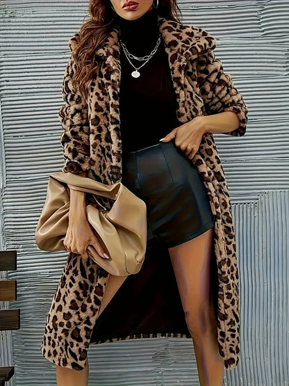 Chic Leopard Print Faux Fur Coat for Women - Casual Long Outerwear, Machine Washable, Perfect for Fall/Winter MyFave Boutique