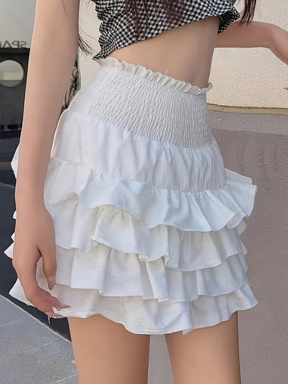 Shirred High Waist Mini Skirt, Elegant Versatile Tiered Ruffle Hem Skirt, Women's Clothing MyFave Boutique