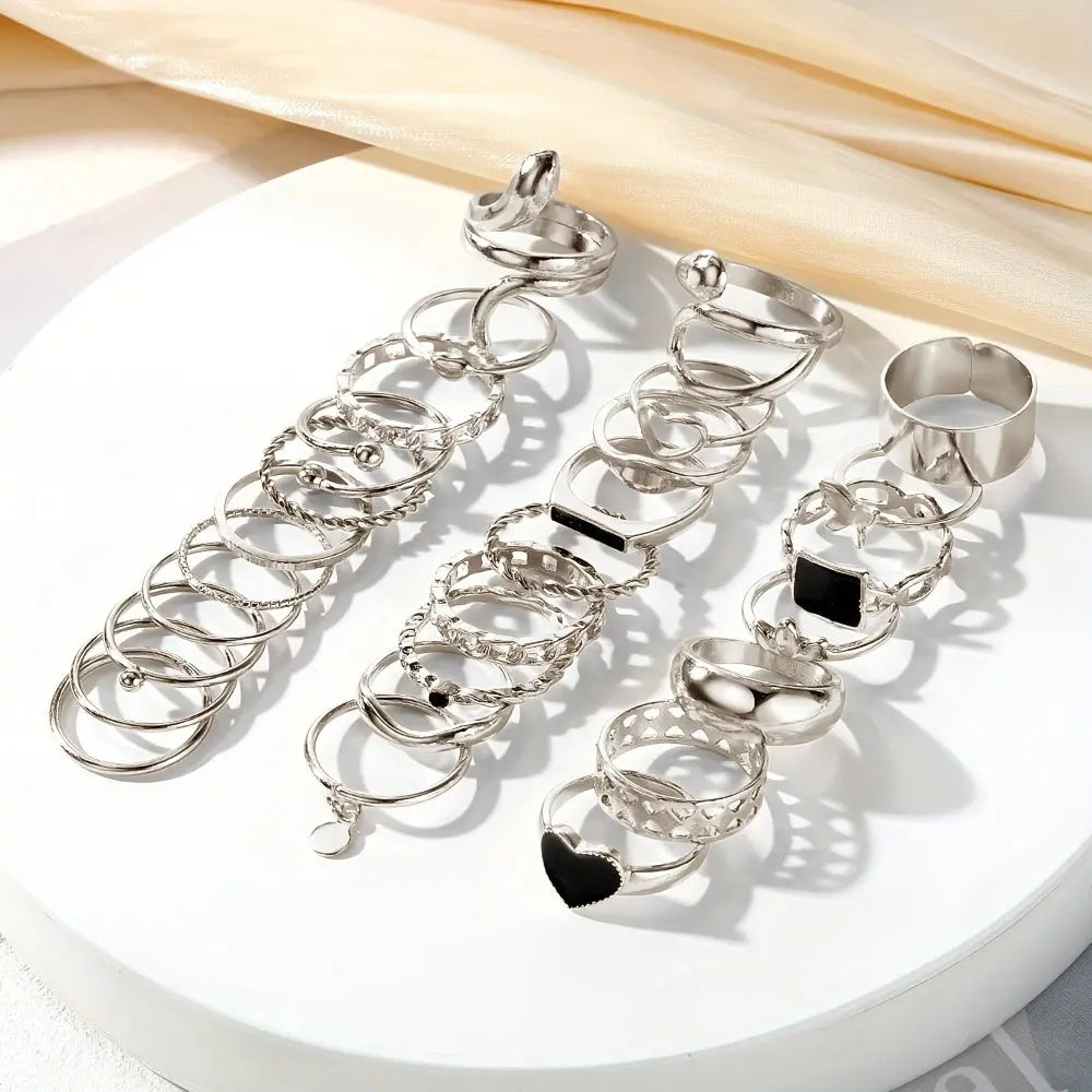 Retro Geometric Opening Ring Set - 27 Pieces Women's Metal Black Dropper Love Square Rings MyFave Boutique