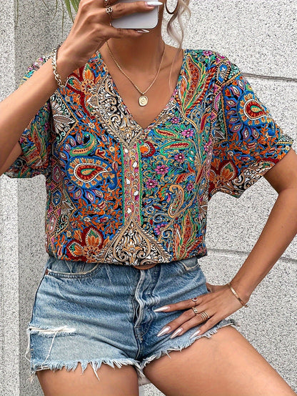 Paisley Print V-neck Loose Blouse, Vintage Short Sleeve Blouse For Spring & Summer, Women's Clothing MyFave Boutique