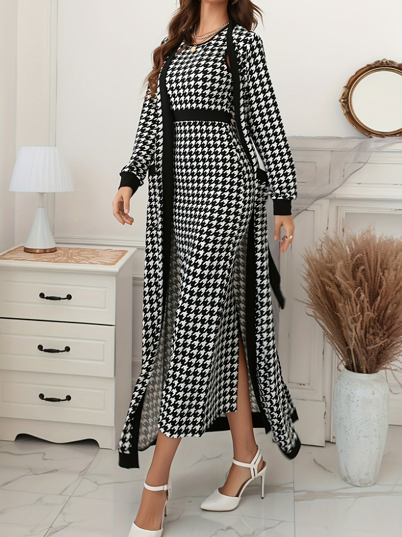 Elegant Houndstooth Pencil Dress Set, Long Sleeve Open Front Tie Waist Duster Cardigan & Bodycon Crew Neck Sleeveless Split Hem Tank Dress Outfits, Women's Clothing MyFave Boutique