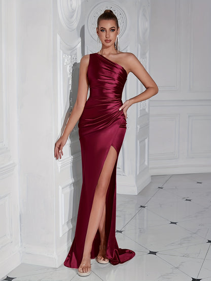 Satin One Shoulder Dress, Elegant Ruched Wrap Hem Floor Length Evening Dress For Party & Banquet, Women's Clothing MyFave Boutique