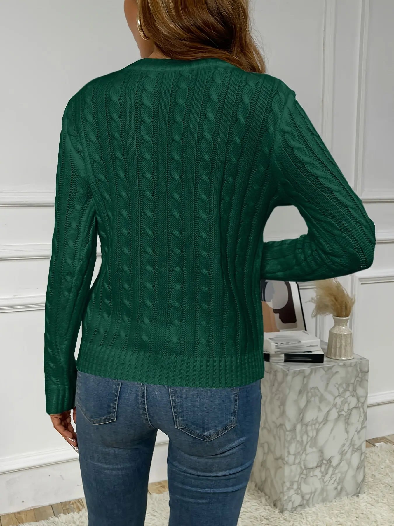 Cable Knitted Crew Neck Sweater, Casual Long Sleeve Pullover Sweater For Fall & Winter, Women's Clothing MyFave Boutique