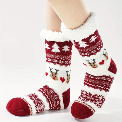 1 Pair Christmas Deer Pattern Plush Mid Tube Socks For Fall & Winter, Cozy Warm Comfy & Breathable Floor Socks, Women's Stockings & Hosiery MyFave Boutique