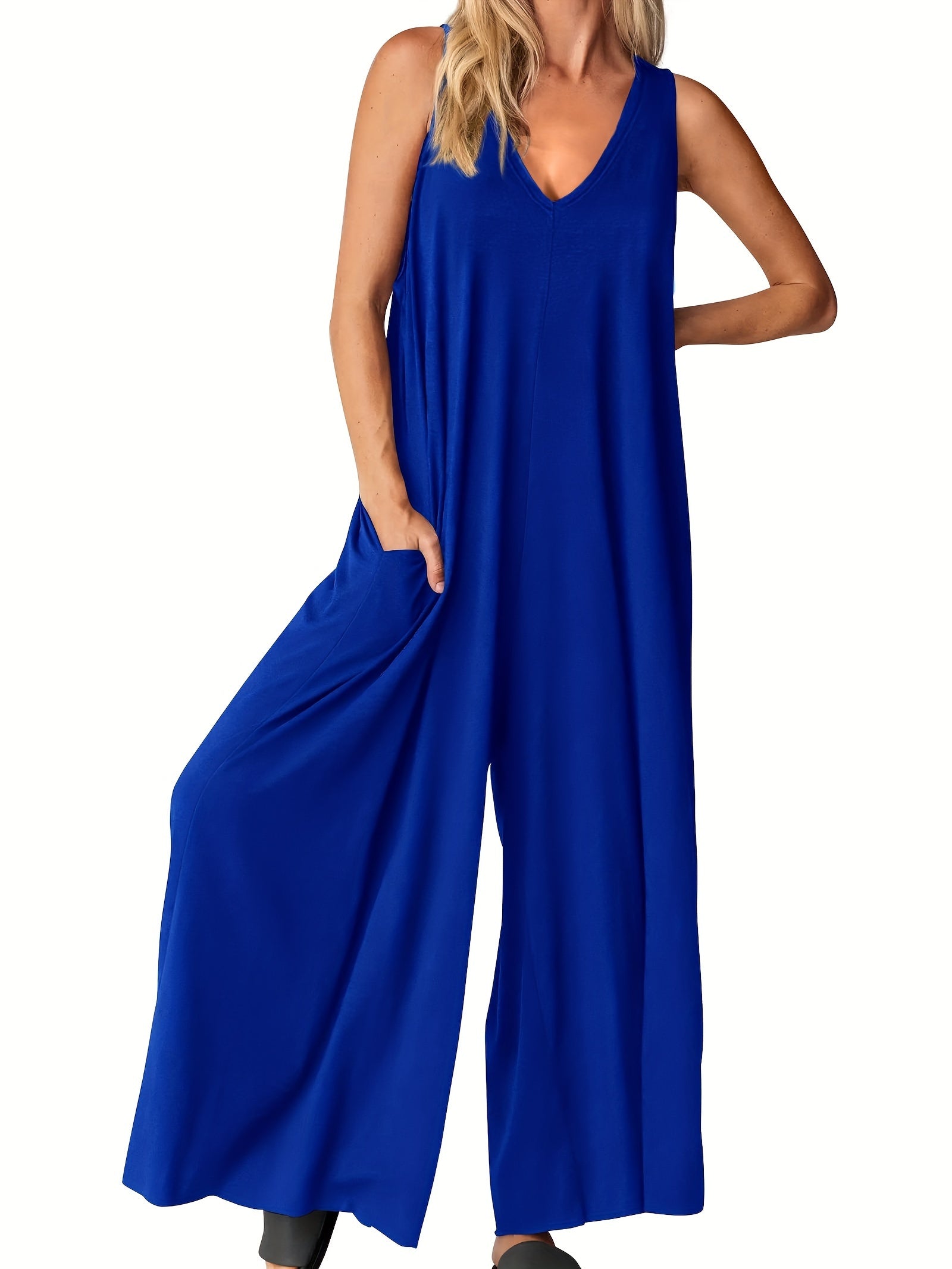 Solid Color Wide Leg Jumpsuit, Casual V Neck Sleeveless Loose Jumpsuit With Pocket, Women's Clothing MyFave Boutique