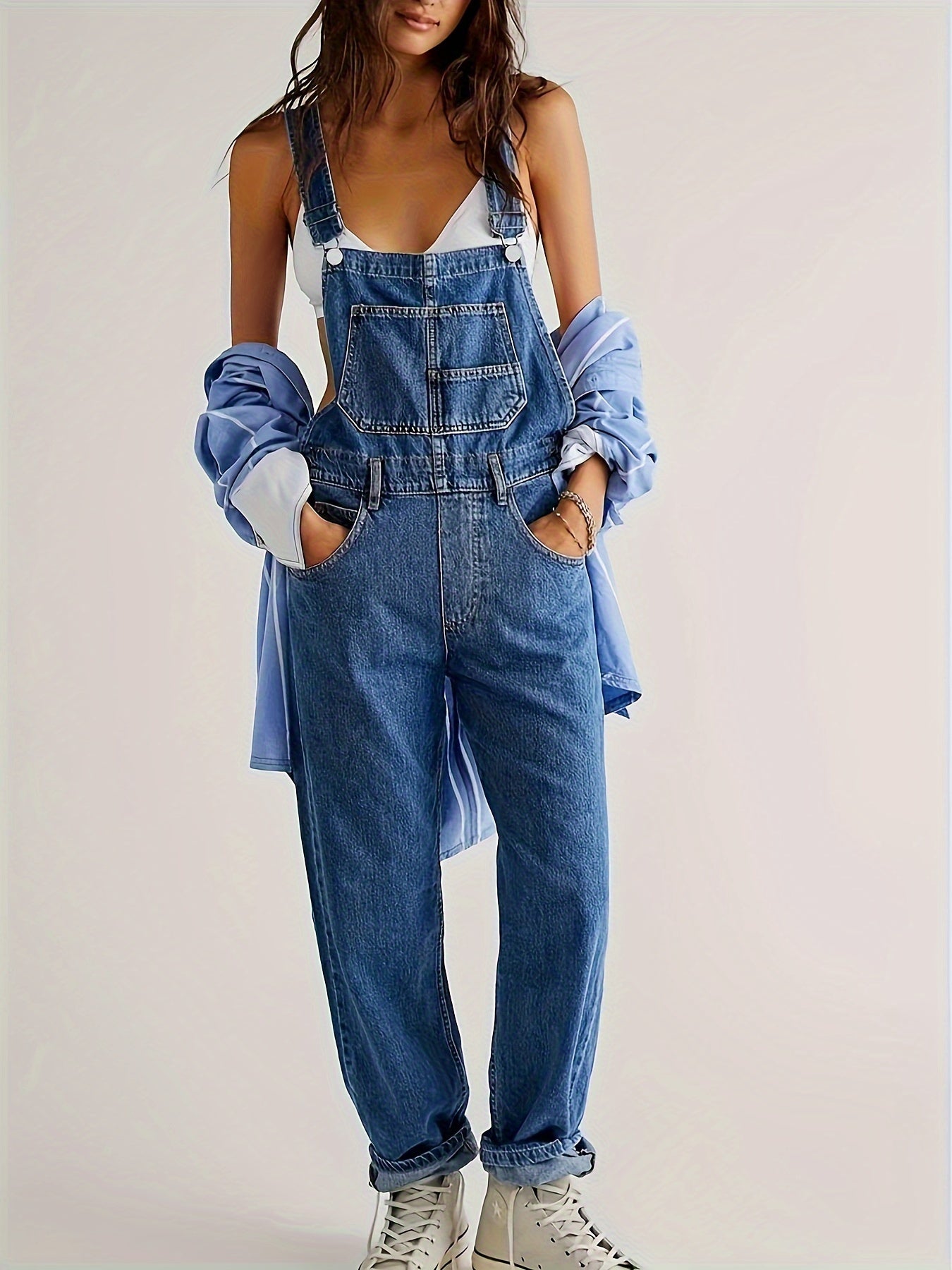 Women's Fashion Denim Overalls, Casual Style, Non-Stretch, Relaxed Fit - Classic Blue Jean Jumpsuit Dungarees With Pockets For Fall MyFave Boutique