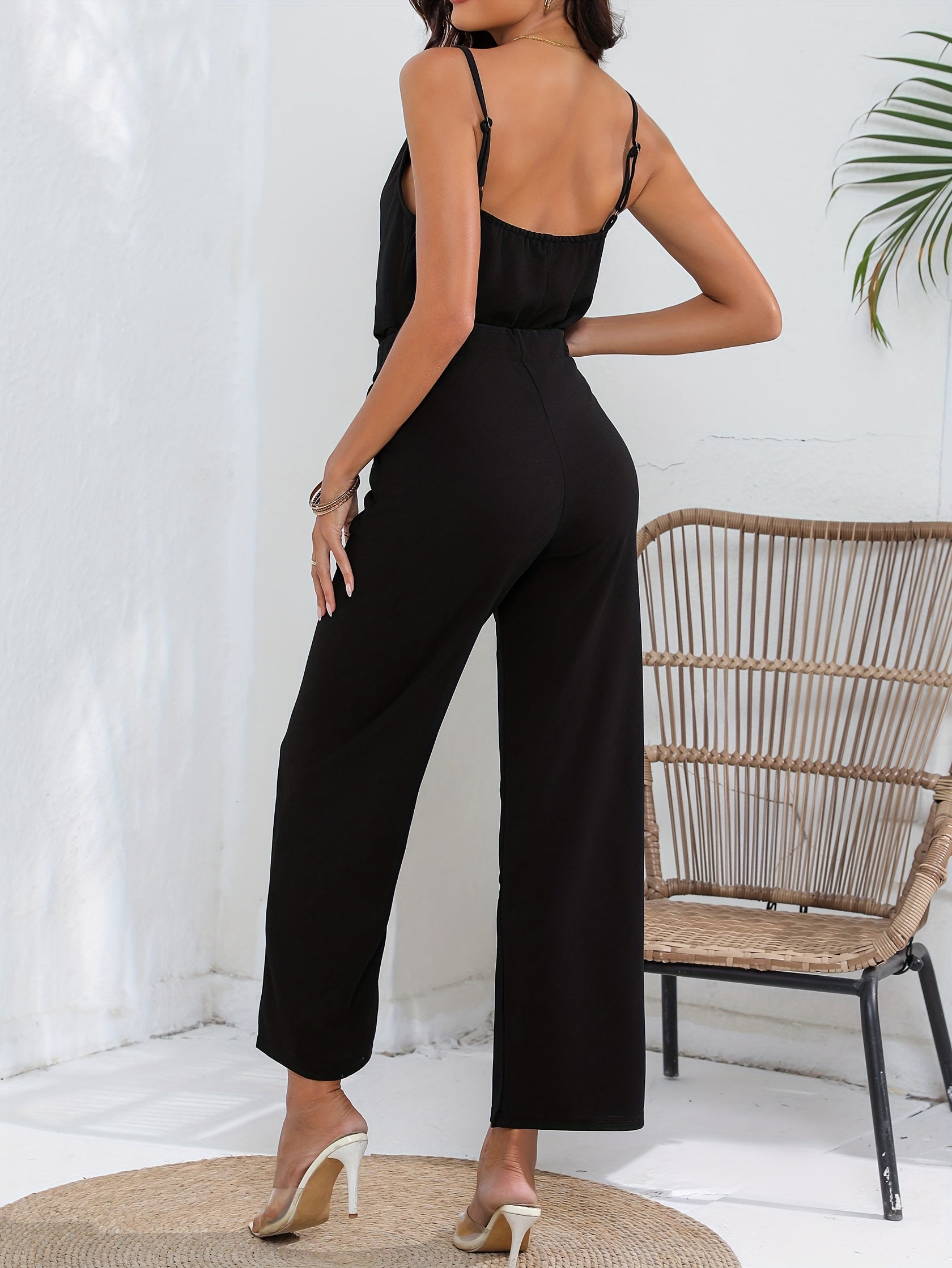 Elegant Solid Color Pantsuits, Cowl Neck Sleeveless Cami Top & High Waist Wide Leg Pants Outfits, Women's Clothing MyFave Boutique