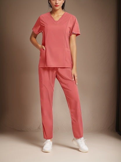 two-piece Elegant Two-Piece V-Neck Health Uniform Set - Micro Elastic Polyester, Pockets, Woven, Comfortable & Professional Women's Clothing for All Seasons MyFave Boutique