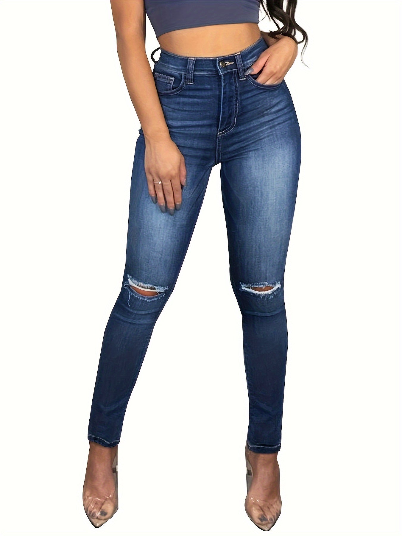 Women's Plain Washed Blue High Rise Ripped Skinny Fit Jeans Stretchy Sexy Distressed Destroyed Denim Pants MyFave Boutique