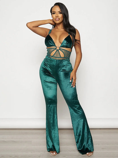 Glam Velvet Rhinestone Flare Jumpsuit - Luxe Night Out Outfit for Women MyFave Boutique