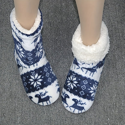 Christmas Style Plush Slipper Boots, Winter Cozy & Warm Slip On Flat Shoes, Thermal Home Floor Sock Slippers MyFave Boutique