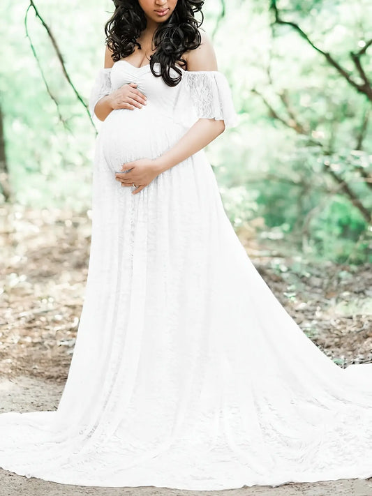 Flowy Off-the-Shoulder Lace Maternity Dress - Long Sleeveless with No Waistband MyFave Boutique