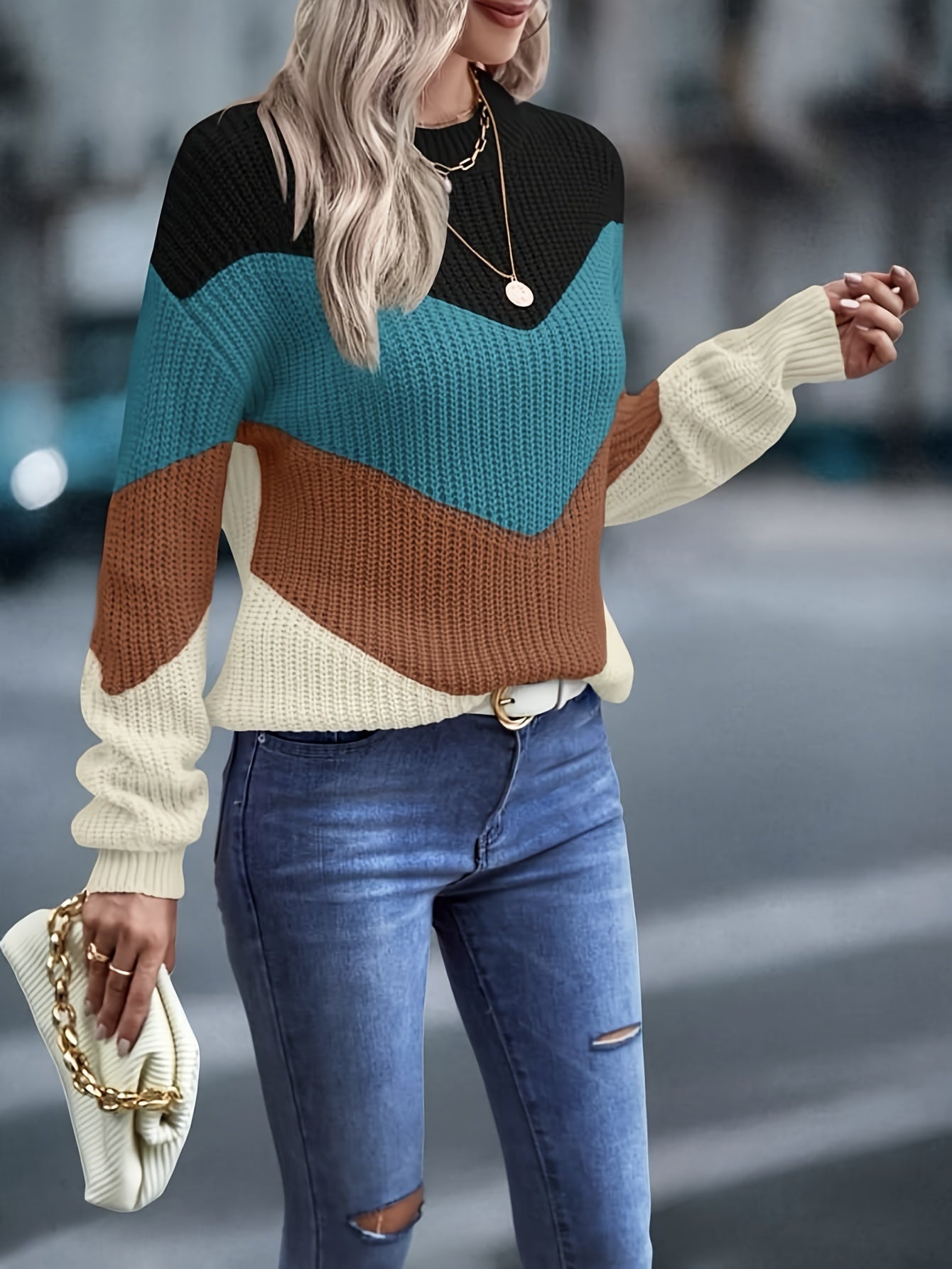 Women's Color Block Long Sleeve Crew Neck Sweater for Fall & Winter MyFave Boutique