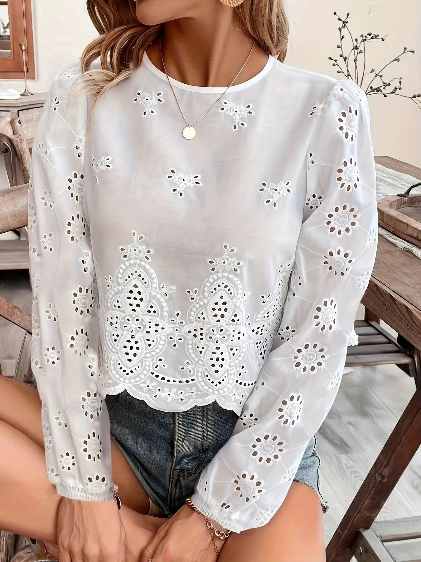 Eyelet Lace Trim Long Sleeve Crew Neck Blouse, Elegant Spring/Fall Women's Blouse MyFave Boutique