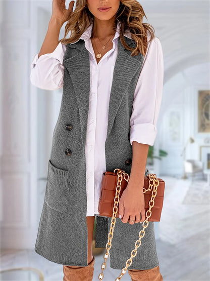 Women's Solid Color Sleeveless Cardigan with Lapel and Patched Pockets, Double-breasted Design, Ideal for Fall and Winter MyFave Boutique