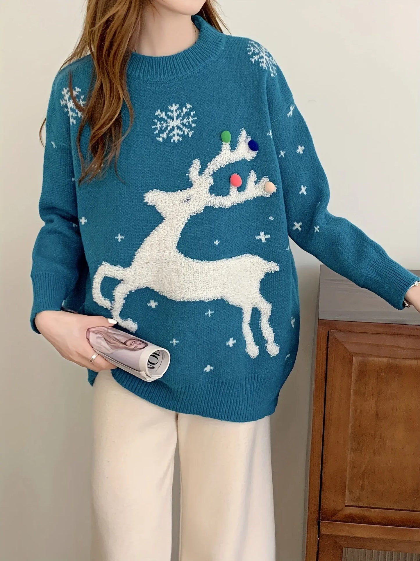 Reindeer Pattern Crew Neck Sweater, Casual Long Sleeve Sweater For Fall & Winter, Women's Clothing MyFave Boutique