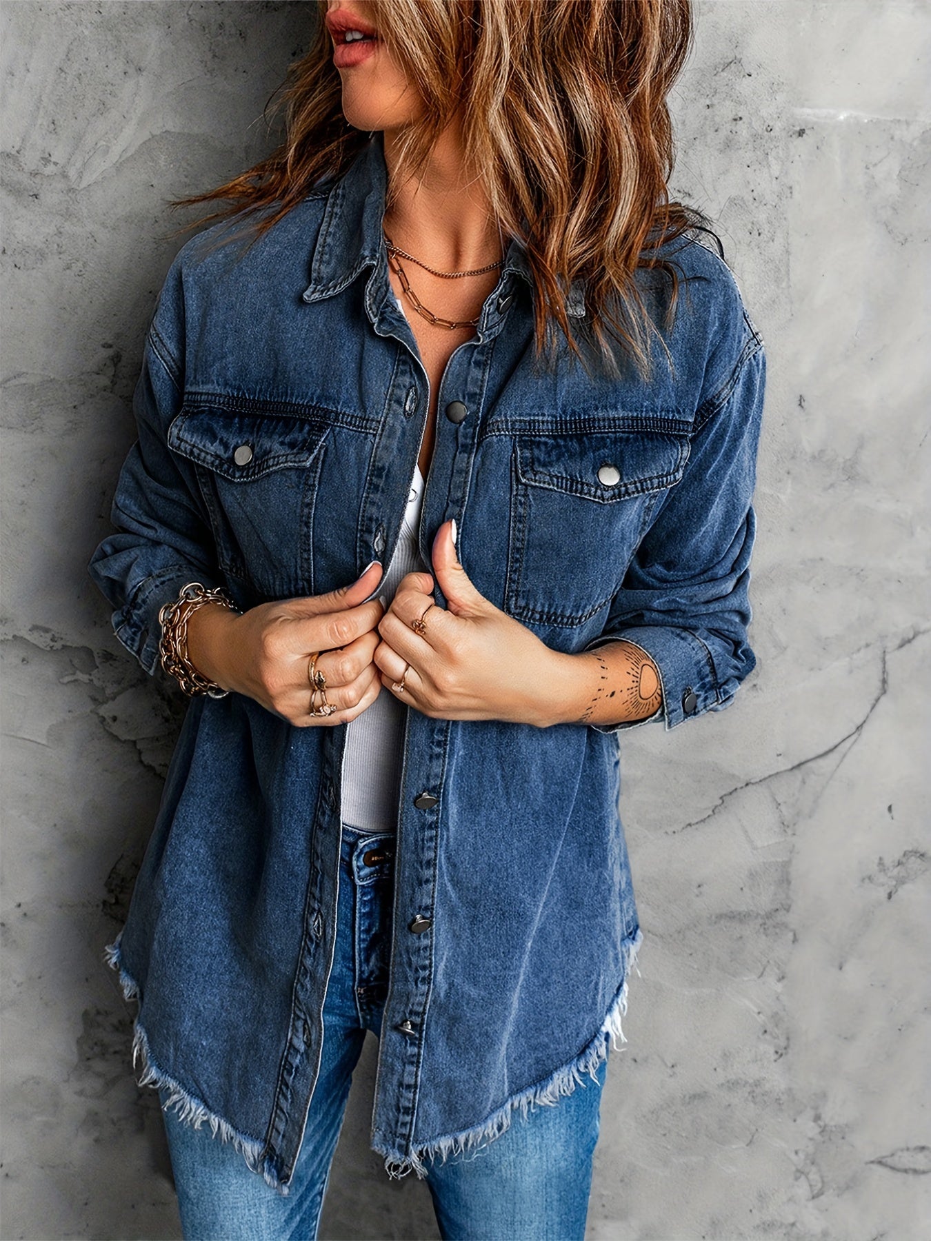 Frayed Hem Long Denim Jackets, Loose Fit Long Sleeves Versatile Lapel Denim Coats, Women's Denim Clothing MyFave Boutique