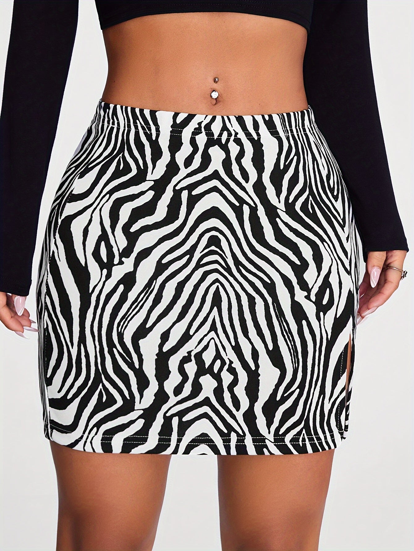 High-Waisted Jersey Skirt With Asymmetrical Hem, Polyester And Spandex Blend, Elegant And Flattering Fit, Random Print, Mid-Calf Length MyFave Boutique