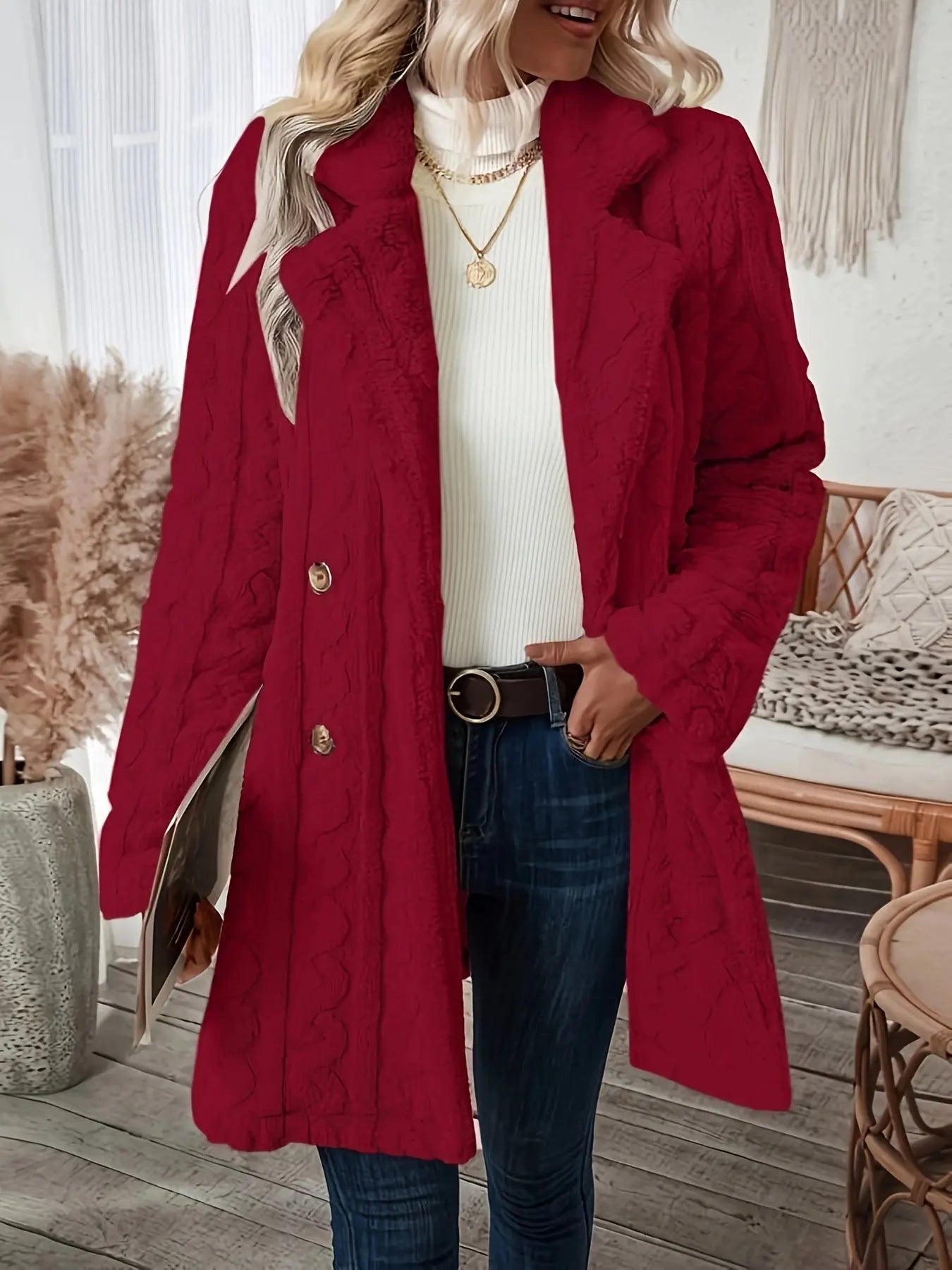 Double-Breasted Teddy Coat with Textured Sleeves, Women's Long Sleeve Winter Outwear MyFave Boutique