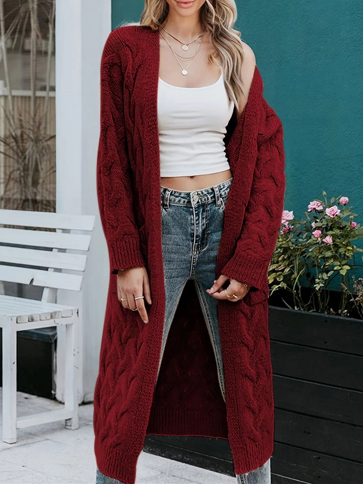 Cable Knit Long Cardigan Coat for Women - Open Front Loose Sweater with Pockets MyFave Boutique