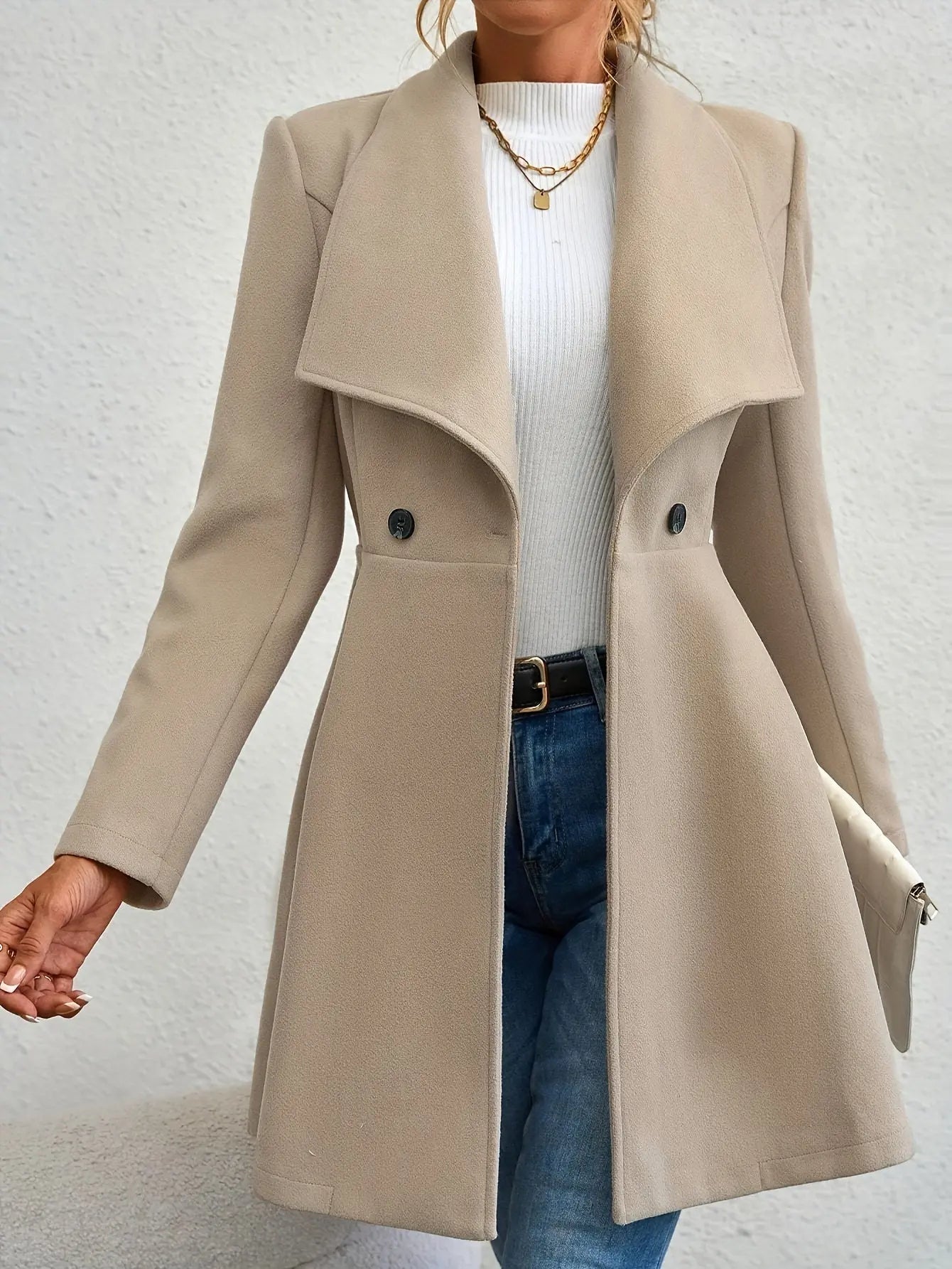 Double-breasted A-line Lapel Coat, Elegant Solid Long Sleeve Longline Coat For Fall & Winter, Women's Clothing MyFave Boutique