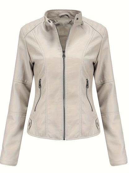 Faux Leather Zip Up Moto Jacket, Stylish Stand Collar Long Sleeve Jacket With Pocket, Women's Clothing MyFave Boutique