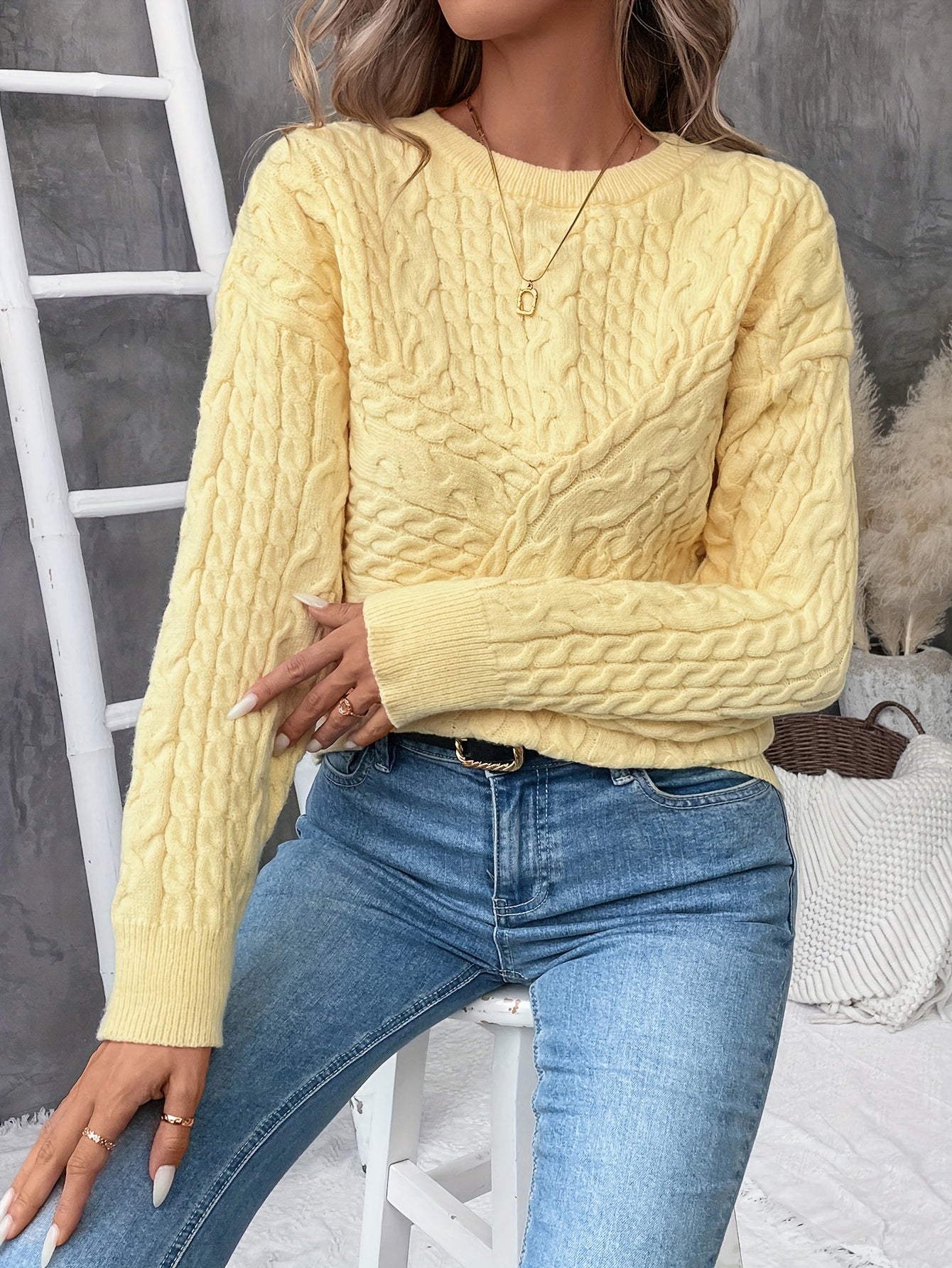 Cable Knit Crew Neck Sweater, Casual Solid Color Long Sleeve Sweater For Fall & Winter, Women's Clothing MyFave Boutique