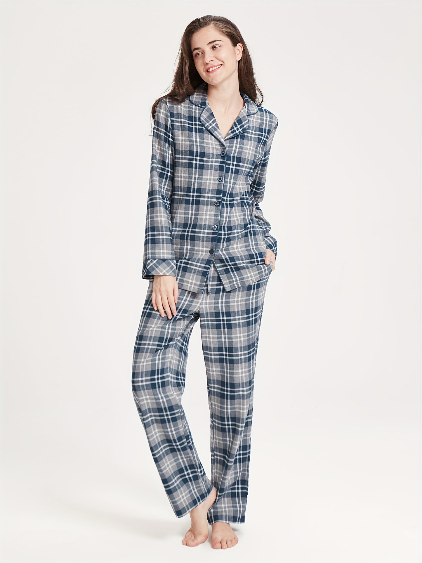 SIORO Flannel Long Sleeve Pajamas Women 100% Cotton Plaid Pajama Set Pajamas Home Clothes MyFave Boutique