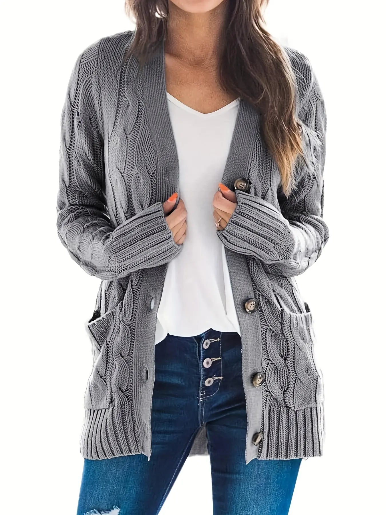 Stylish Cable Knit Button Front Cardigan with V Neck and Pockets for Women's Fall & Winter Wardrobe MyFave Boutique