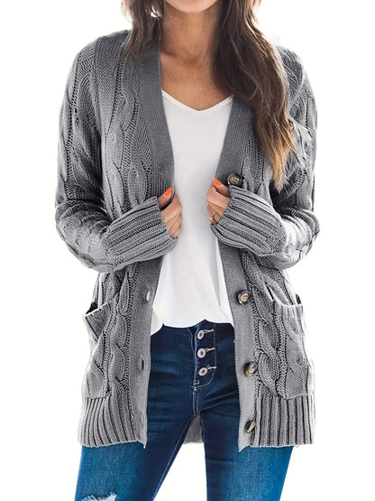 Stylish Cable Knit Button Front Cardigan with V Neck and Pockets for Women's Fall & Winter Wardrobe MyFave Boutique