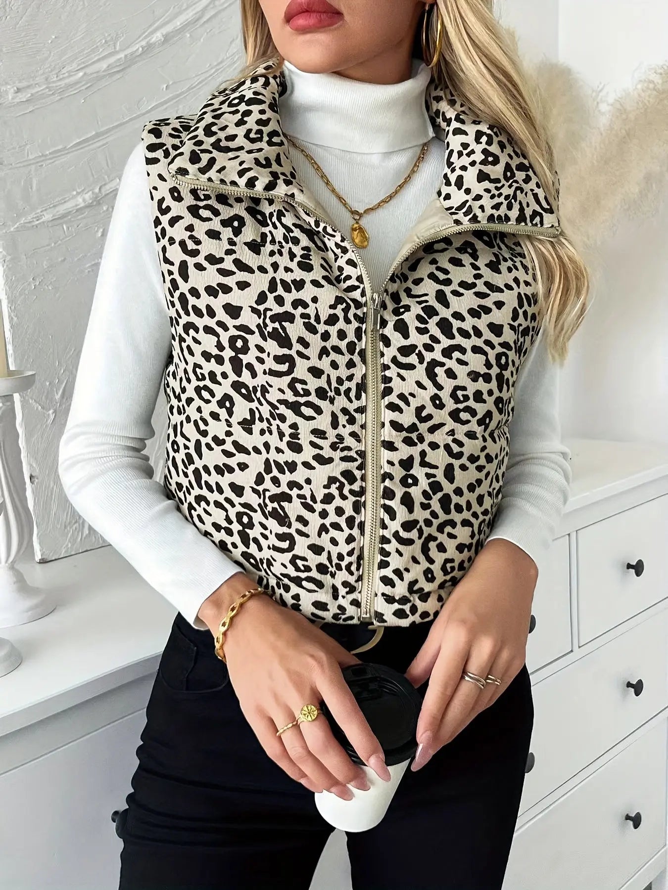 Autumn And Winter Polyester Coat With Leopard Print, Stand Collar, Zipper Closure, Casual Outerwear For Women MyFave Boutique