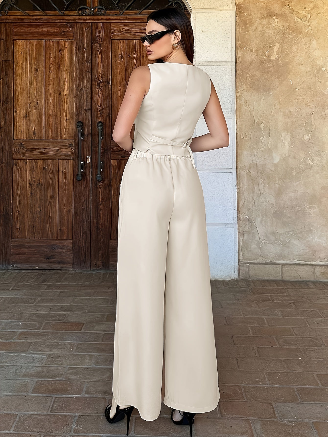 Elegant Solid Color Pants Set, Single Breasted Slim Vest & High Waist Wide Leg Loose Pants For Office & Work, Women's Clothing MyFave Boutique