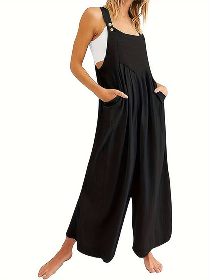 Solid Color Wide Leg Overall Jumpsuit, Casual Sleeveless Loose Overall Jumpsuit With Pocket, Women's Clothing MyFave Boutique