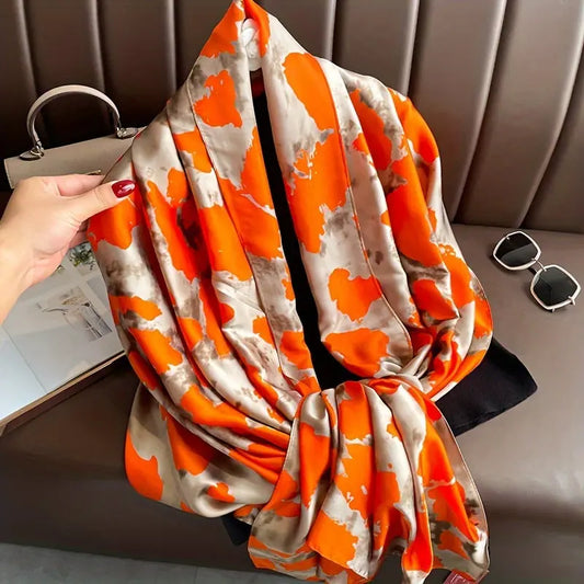 Orange Print Chiffon Scarf Thin Satin Smooth Shawl Casual Sunscreen Wrap For Women MyFave Boutique