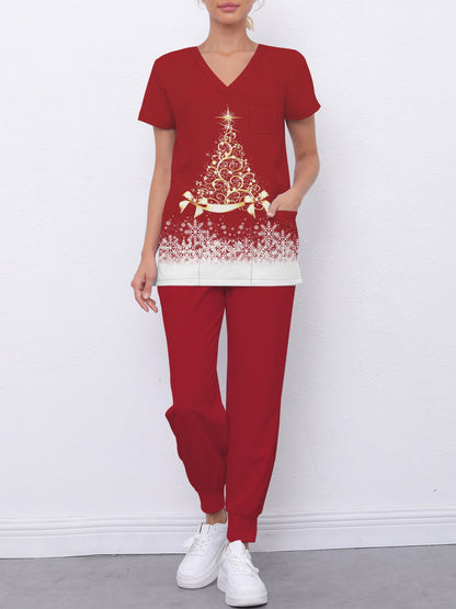 Women's Christmas Themed V-Neck Scrub Set with Pockets, Polyester and Elastane Blend, Casual Style, Slight Stretch Fabric, Regular Sleeve, All-Season Woven Uniform with Elastic Hem Pants MyFave Boutique