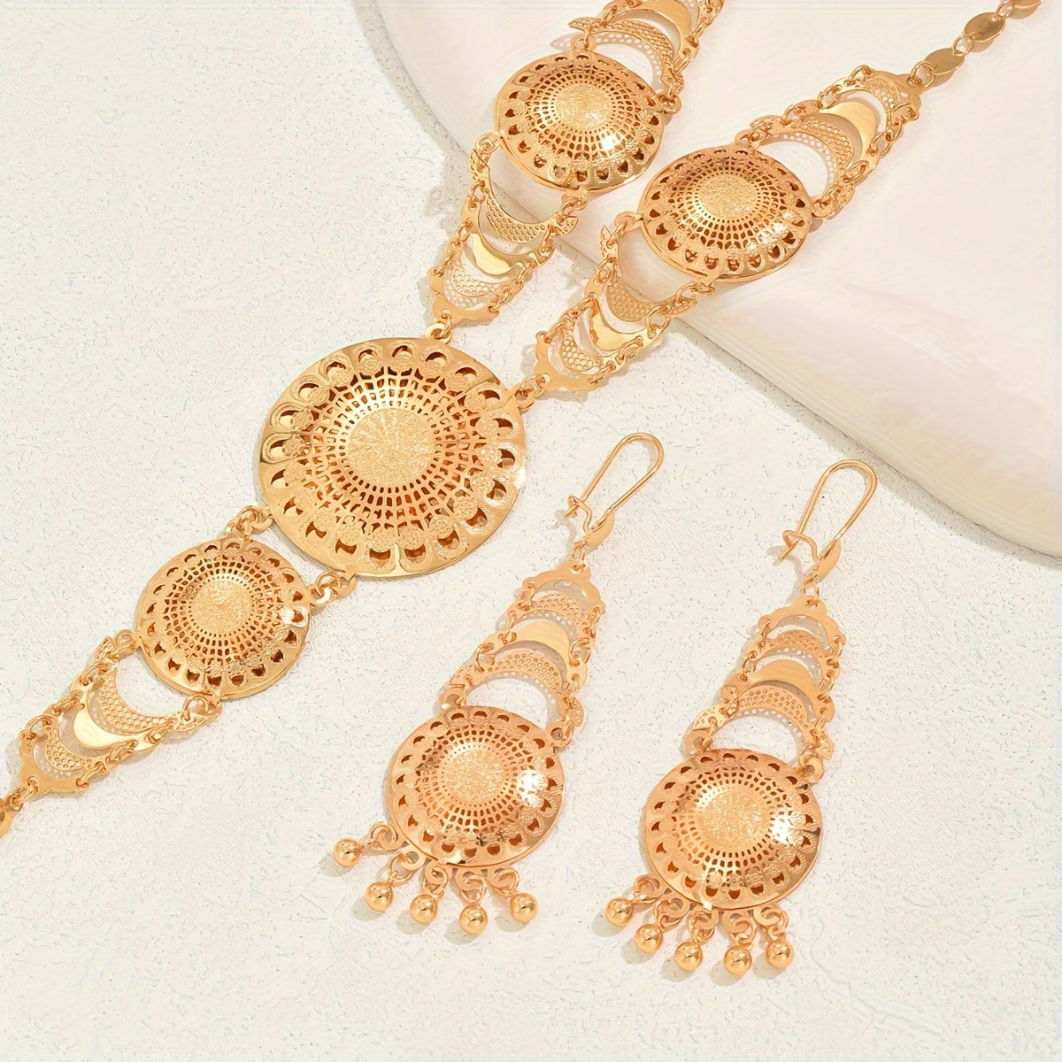 Exaggerated Golden Carved Pattern Dangle Earrings & Pendant Necklace Retro Luxury Style African Wedding Accessories MyFave Boutique