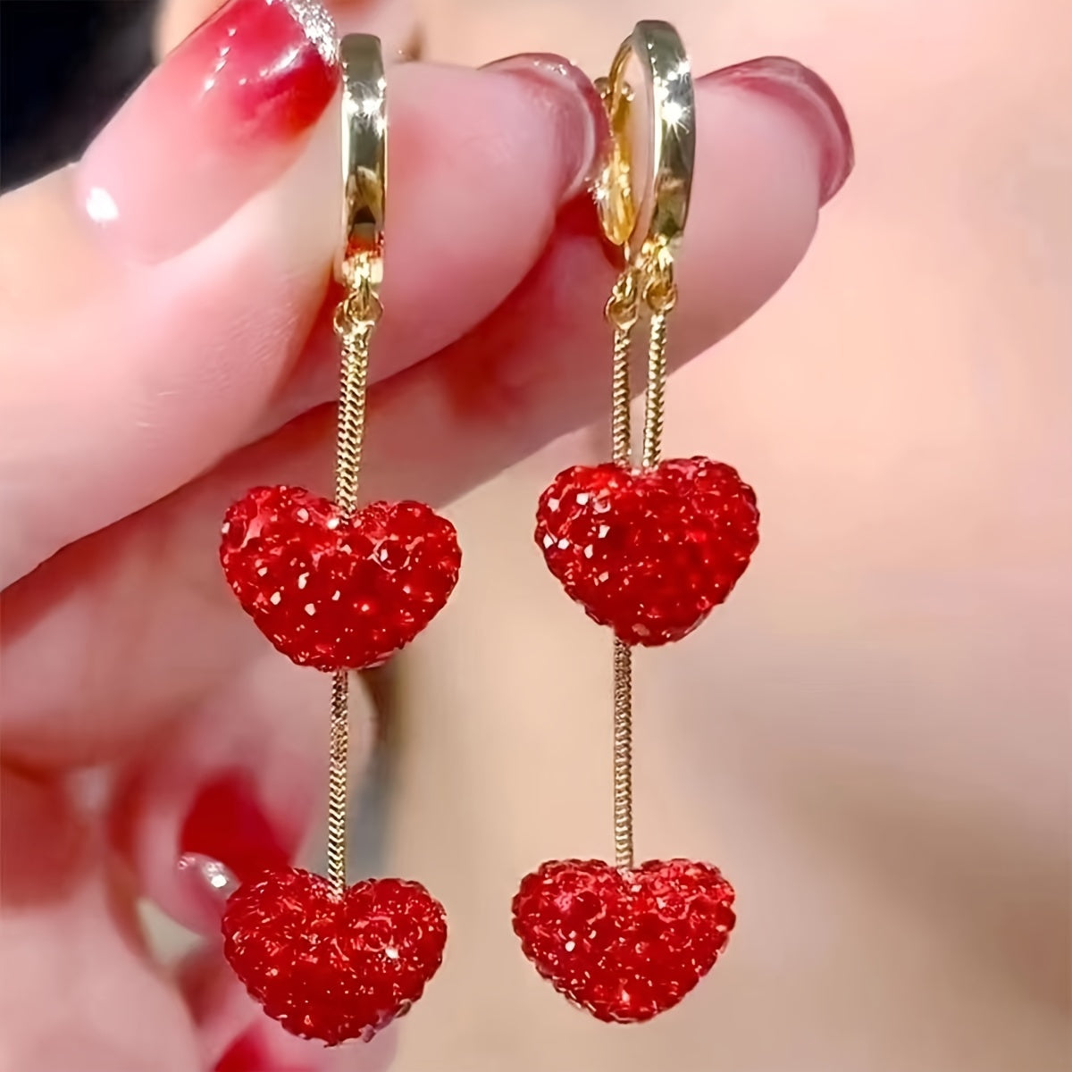 2Pcs Sweet Love Heart-shaped Elegant Alloy Golden Color Rhinestone Women's Pendant Earrings for Daily Vacation MyFave Boutique