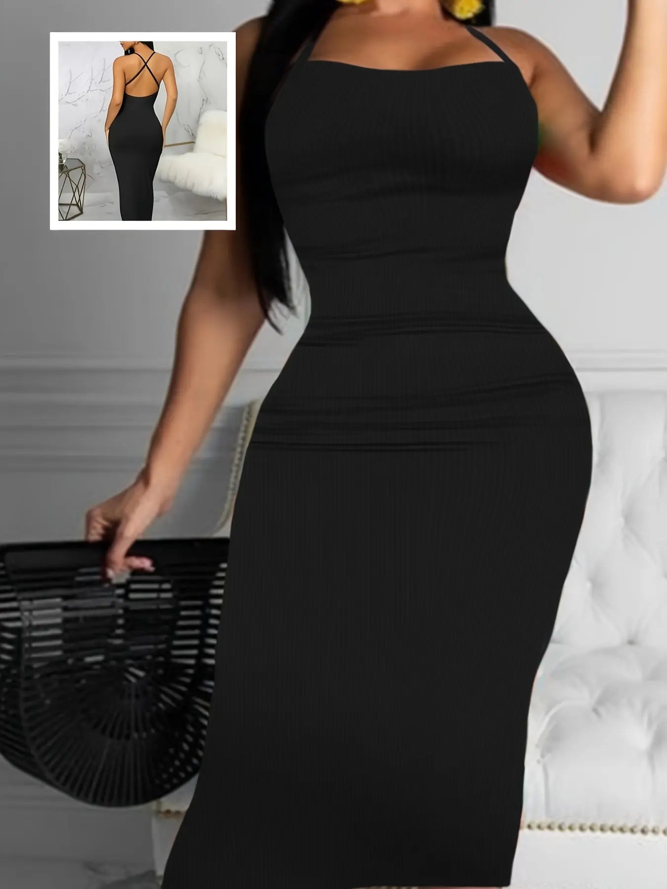 Solid Color Halter Neck Dress, Elegant Cross Back Bodycon Dress For Spring & Summer, Women's Clothing MyFave Boutique