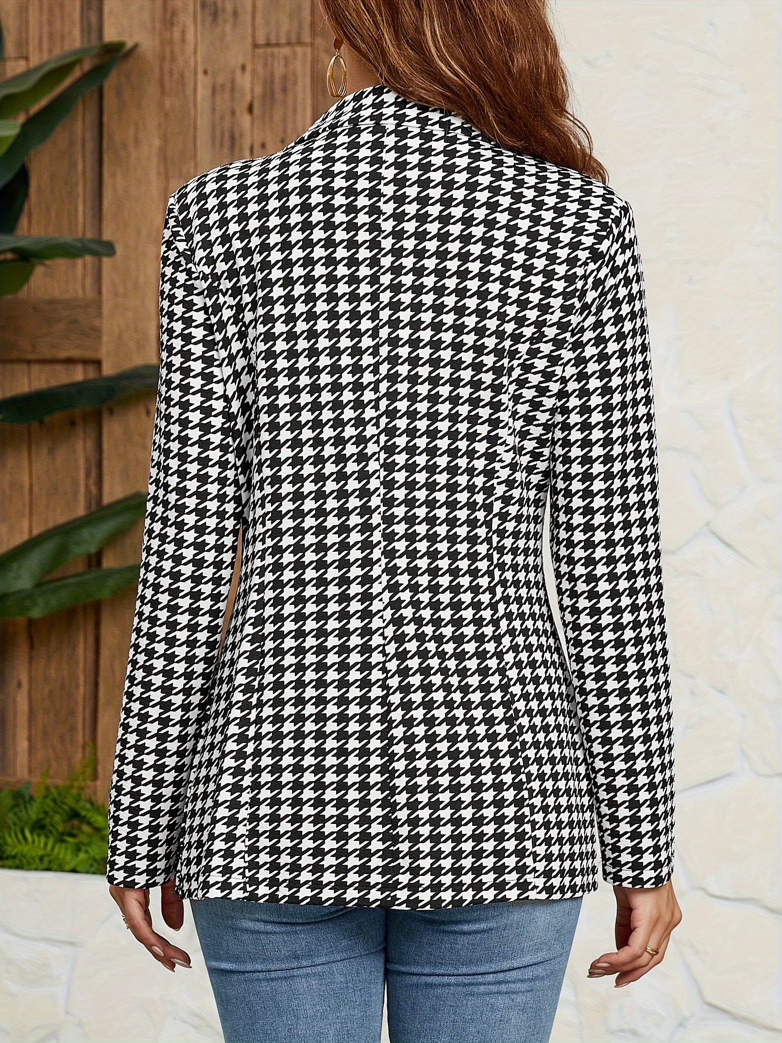 Houndstooth Print Button Front Blazer, Casual Lapel Long Sleeve Every Day Blazer, Women's Clothing MyFave Boutique