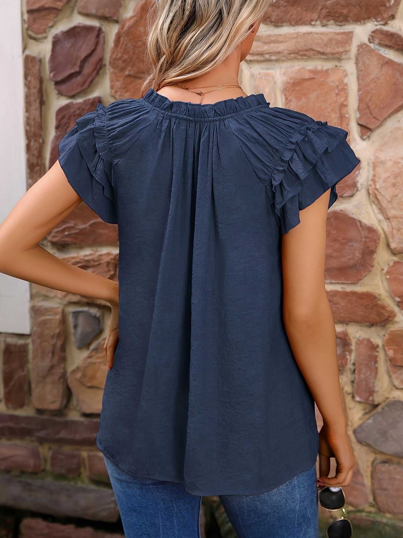 Flowy V-neck Ruffled Blouse - Women's Casual Summer Short Sleeve Shirt with Drawstring Waist - Lightweight Loose Fit Top MyFave Boutique