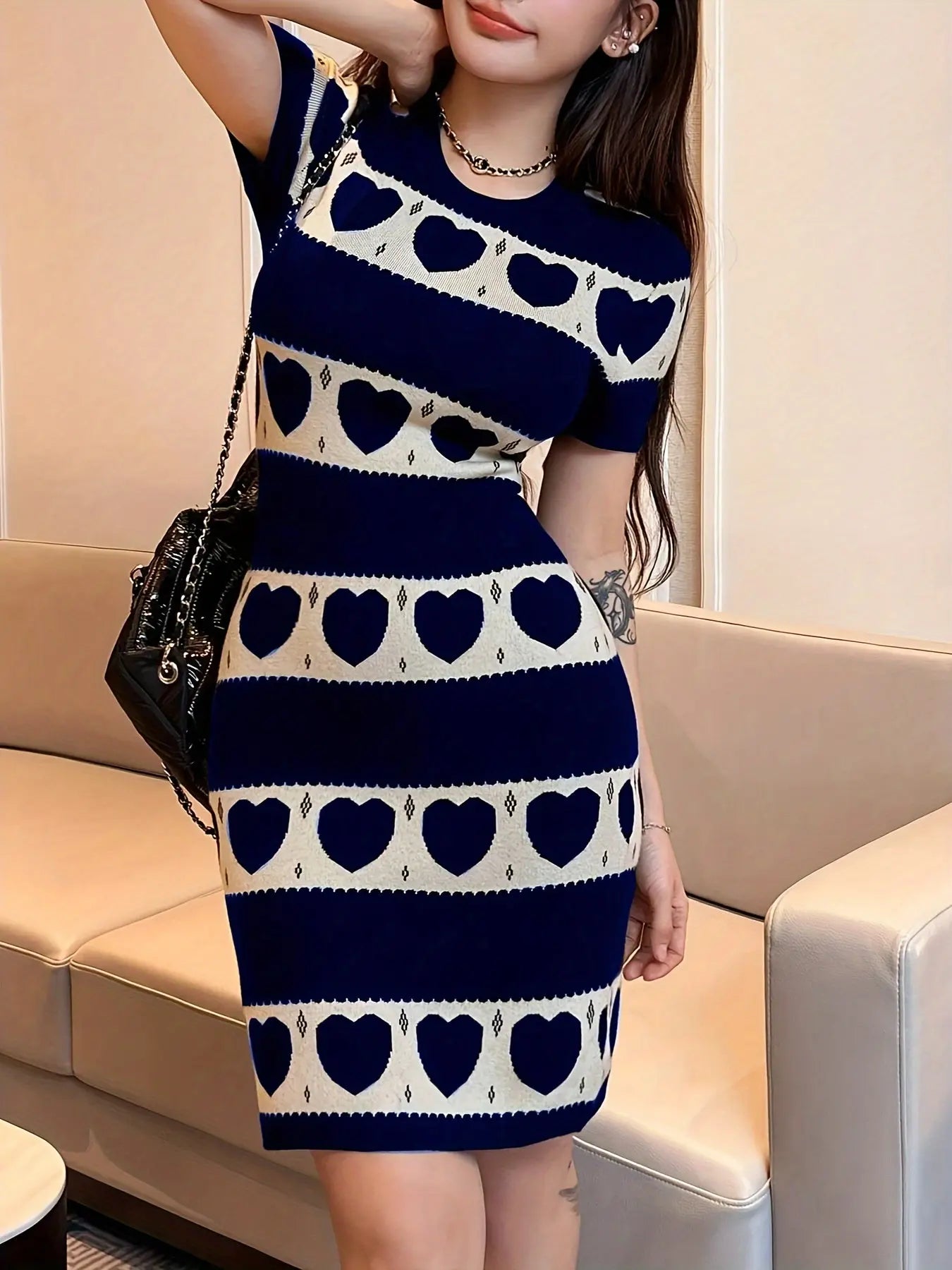 Heart Pattern Knitted Short Sleeve Dress, Casual Crew Neck Color Block Sweater Dress For Spring & Summer, Women's Clothing MyFave Boutique