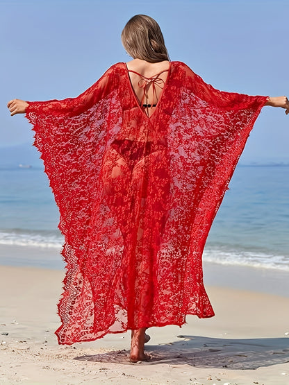 Boho Style Sexy Cover Up Dress, See Through Loose Fit V Neck Lace Beach Dress Without Bikini, Women's Swimwear & Clothing For Holiday MyFave Boutique