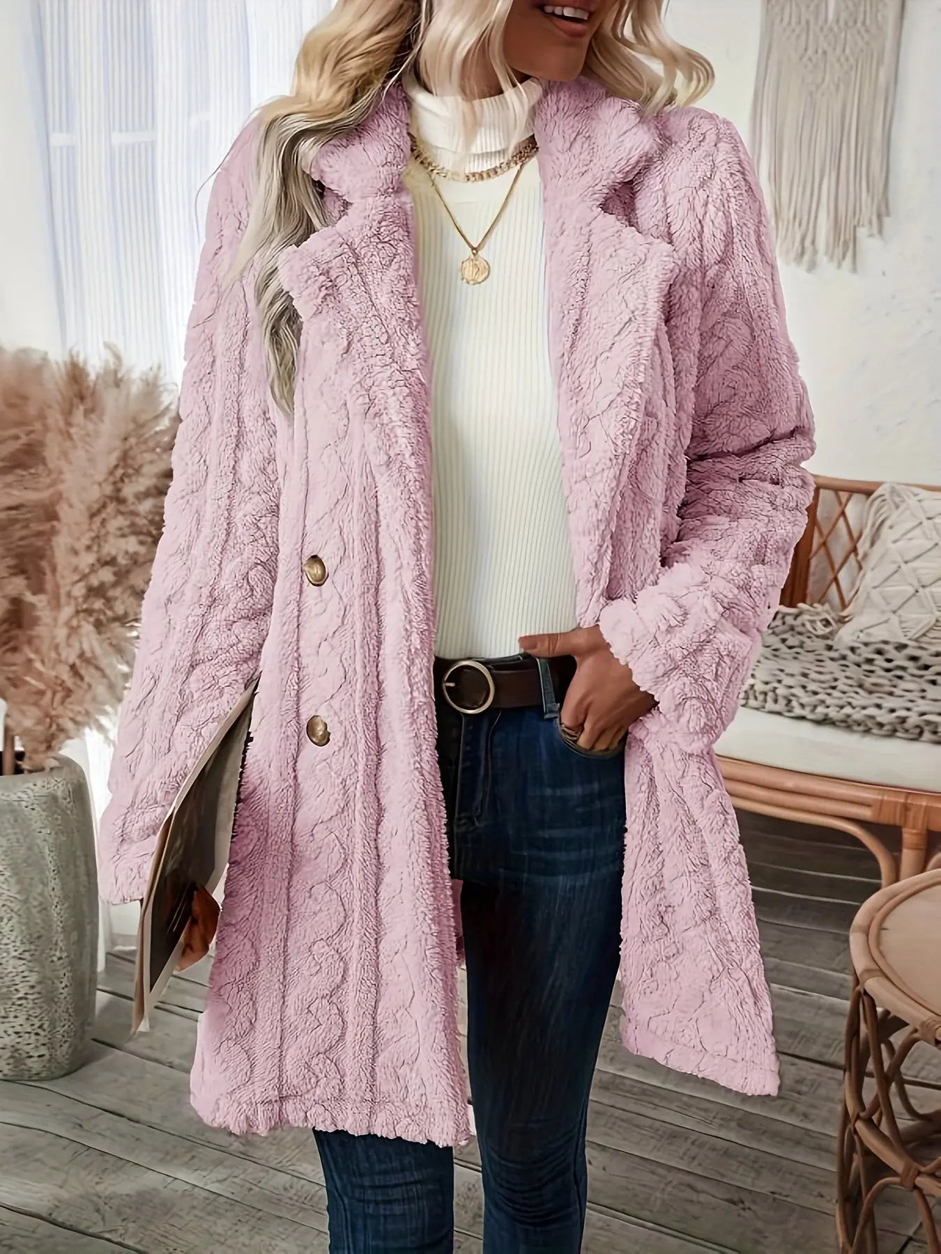 Double-Breasted Teddy Coat with Textured Sleeves, Women's Long Sleeve Winter Outwear MyFave Boutique